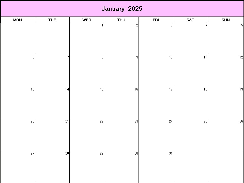 printable blank calendar image for January 2025
