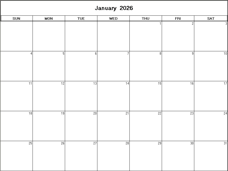 printable blank calendar image for January 2026
