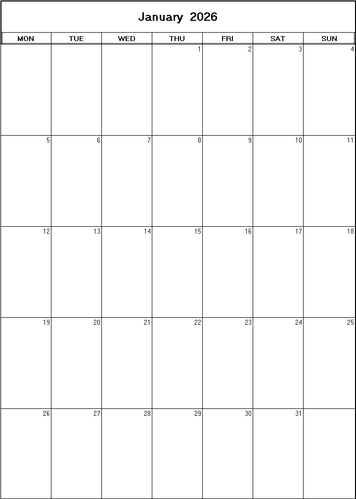 printable blank calendar image for January 2026