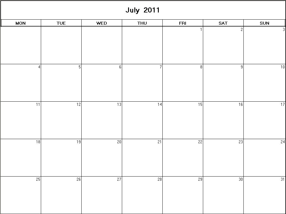 printable blank calendar image for July 2011