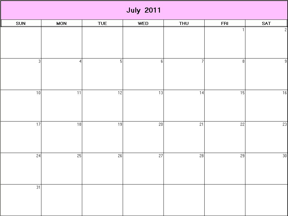 printable blank calendar image for July 2011