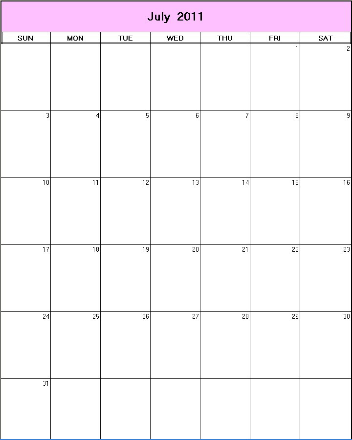 printable blank calendar image for July 2011