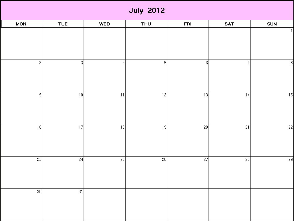 printable blank calendar image for July 2012