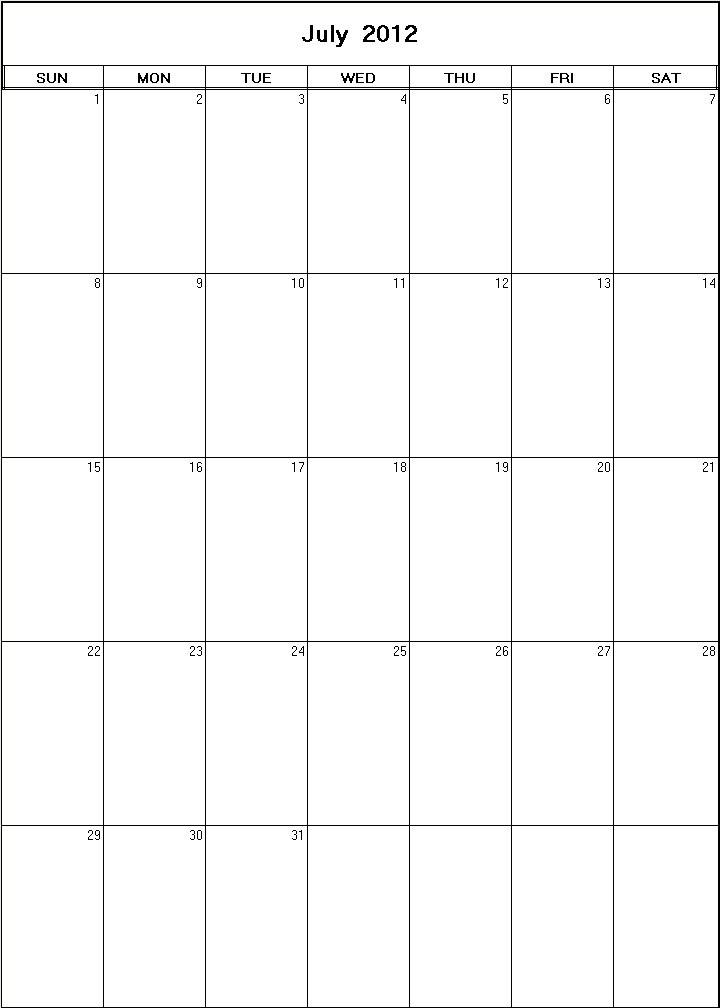 printable blank calendar image for July 2012