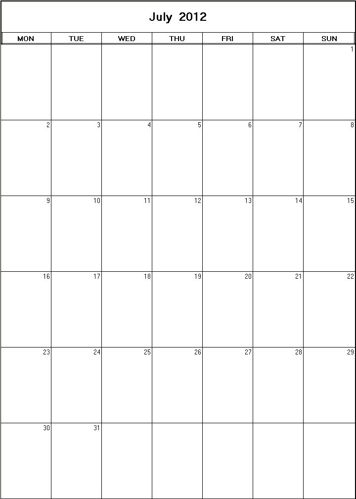 printable blank calendar image for July 2012