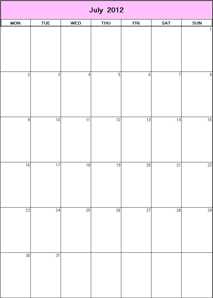 printable blank calendar image for July 2012