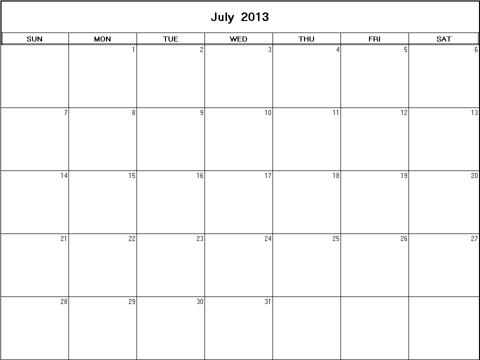 printable blank calendar image for July 2013