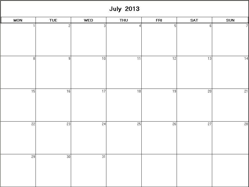 printable blank calendar image for July 2013
