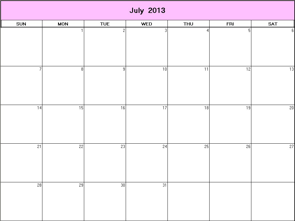 printable blank calendar image for July 2013