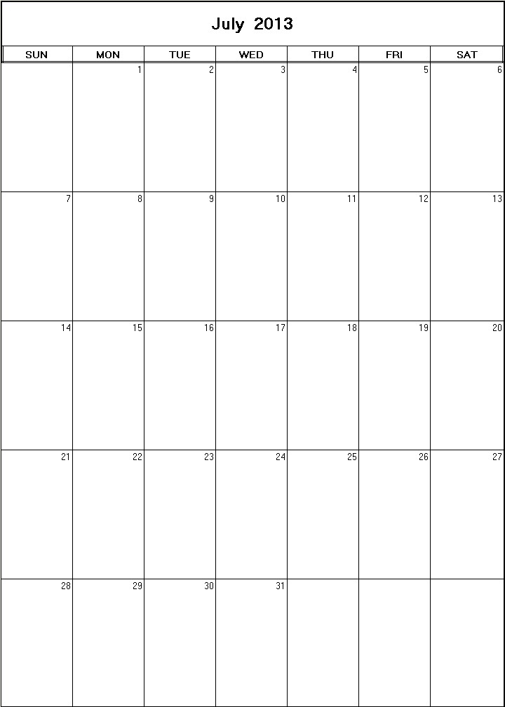 printable blank calendar image for July 2013