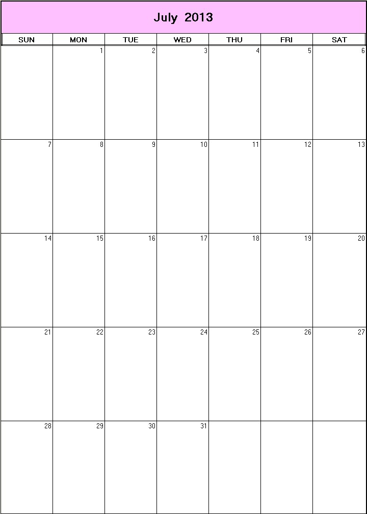 printable blank calendar image for July 2013