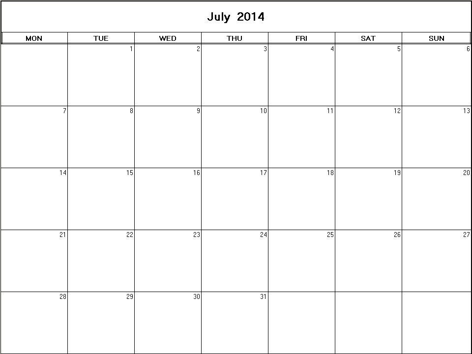 printable blank calendar image for July 2014