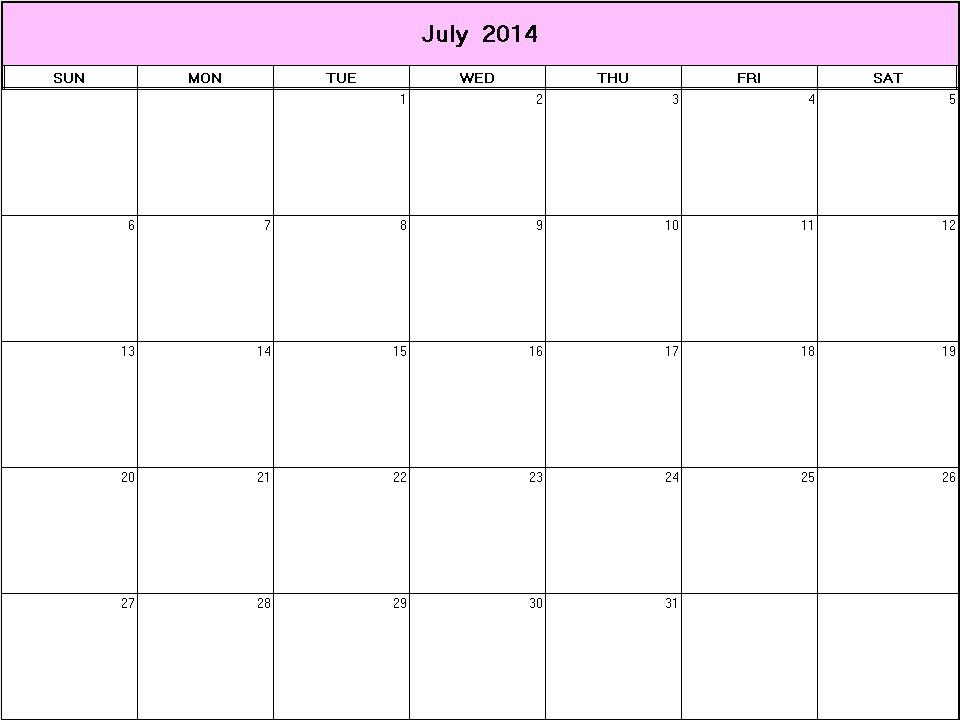 printable blank calendar image for July 2014