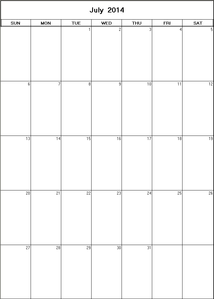 printable blank calendar image for July 2014