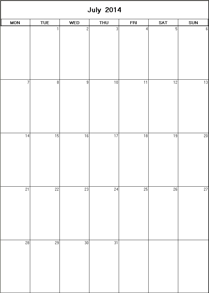 printable blank calendar image for July 2014