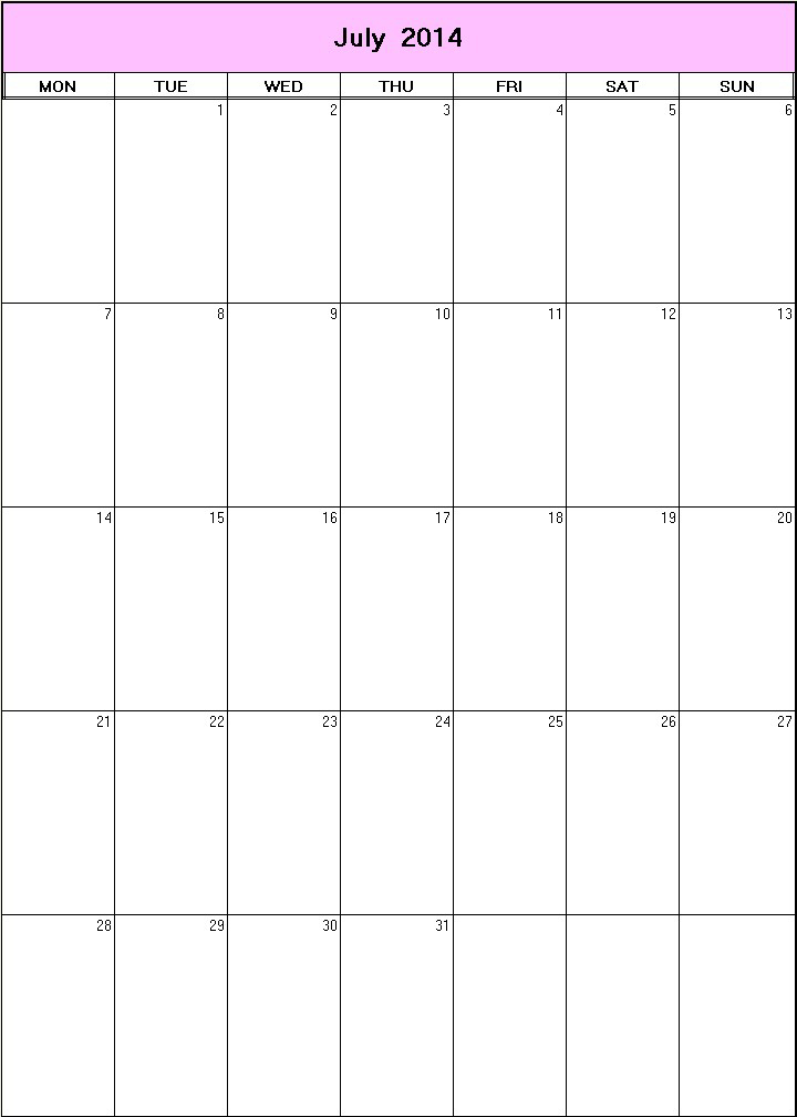 printable blank calendar image for July 2014