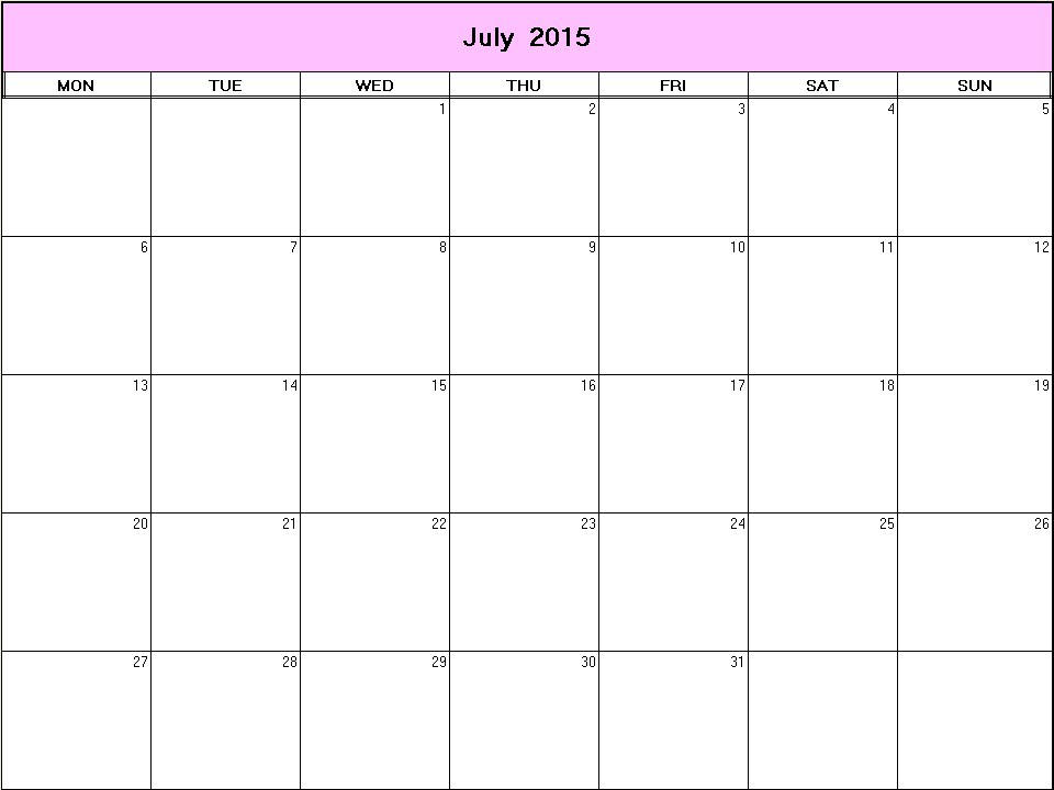 printable blank calendar image for July 2015