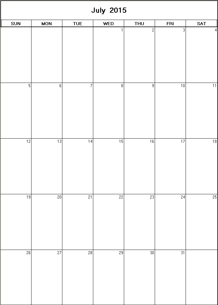 printable blank calendar image for July 2015