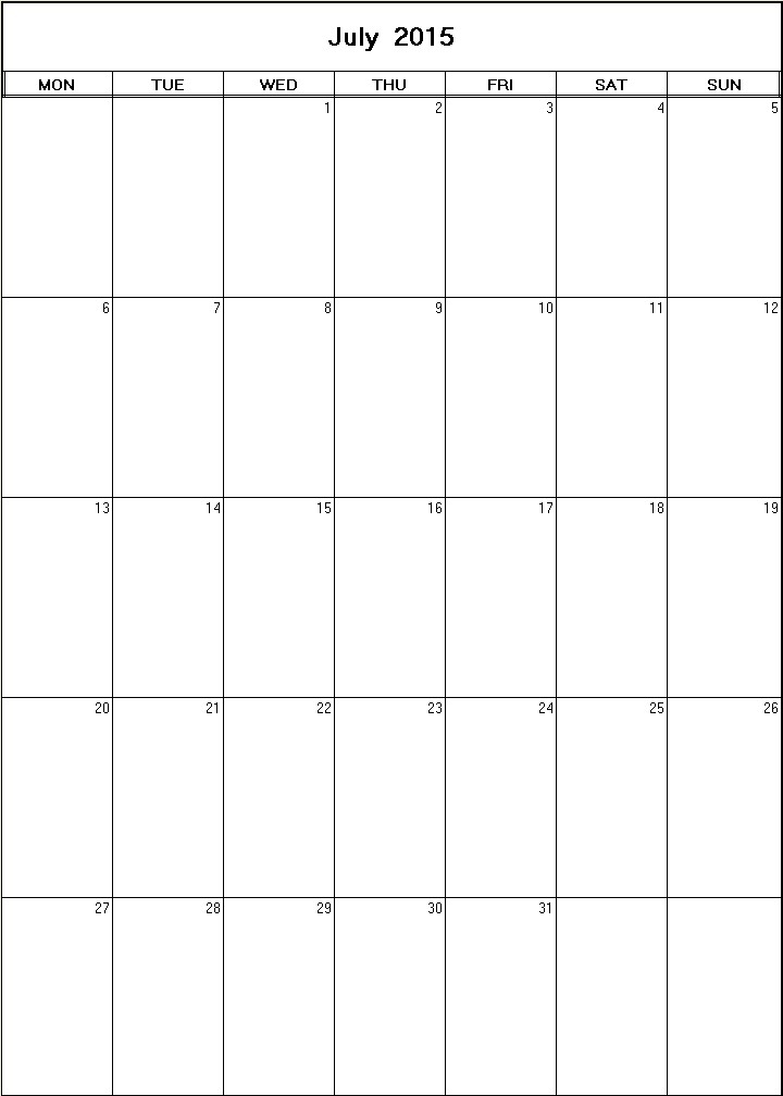 printable blank calendar image for July 2015