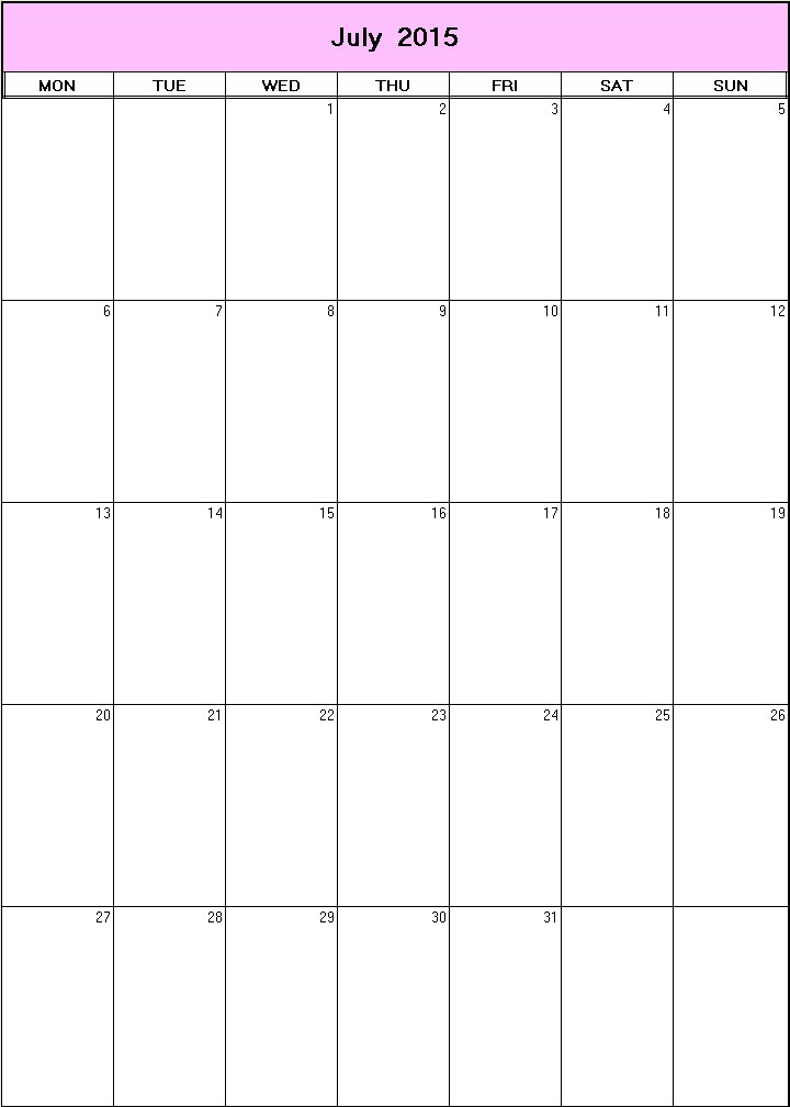 printable blank calendar image for July 2015