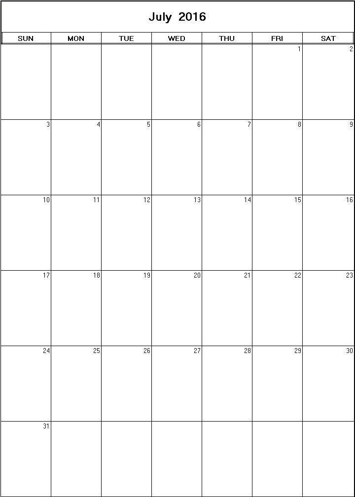 printable blank calendar image for July 2016