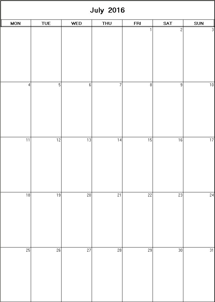 printable blank calendar image for July 2016