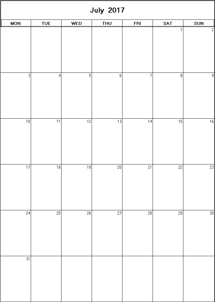 printable blank calendar image for July 2017