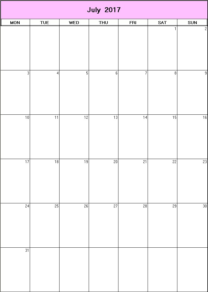 printable blank calendar image for July 2017