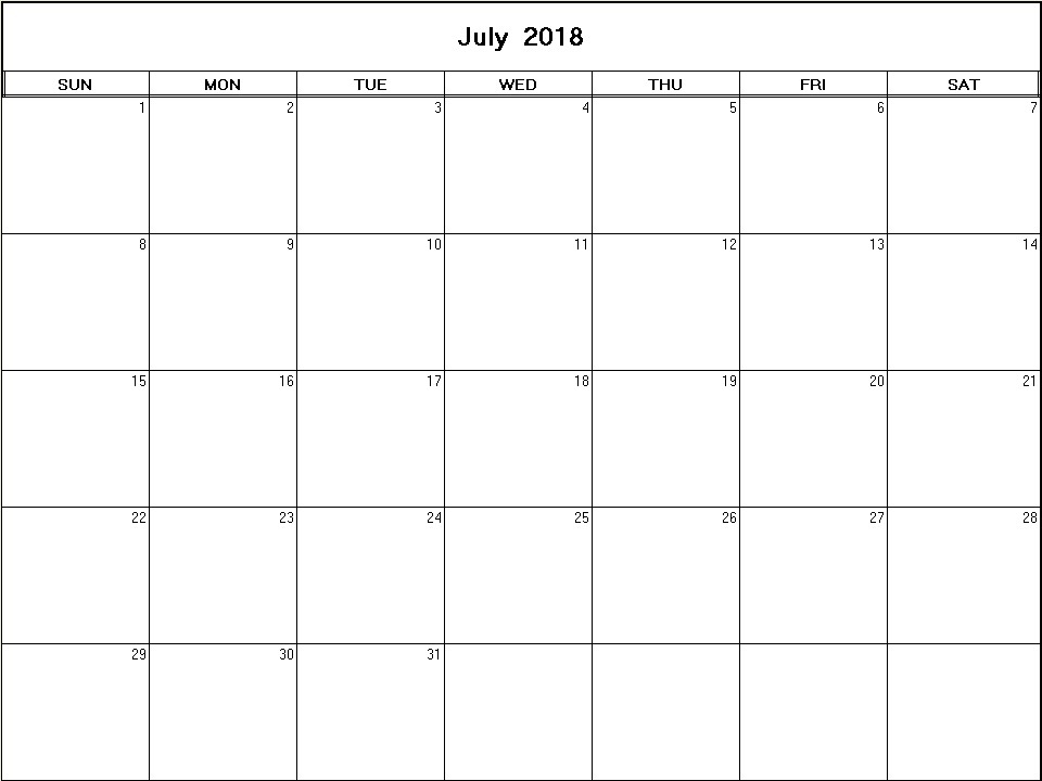 printable blank calendar image for July 2018