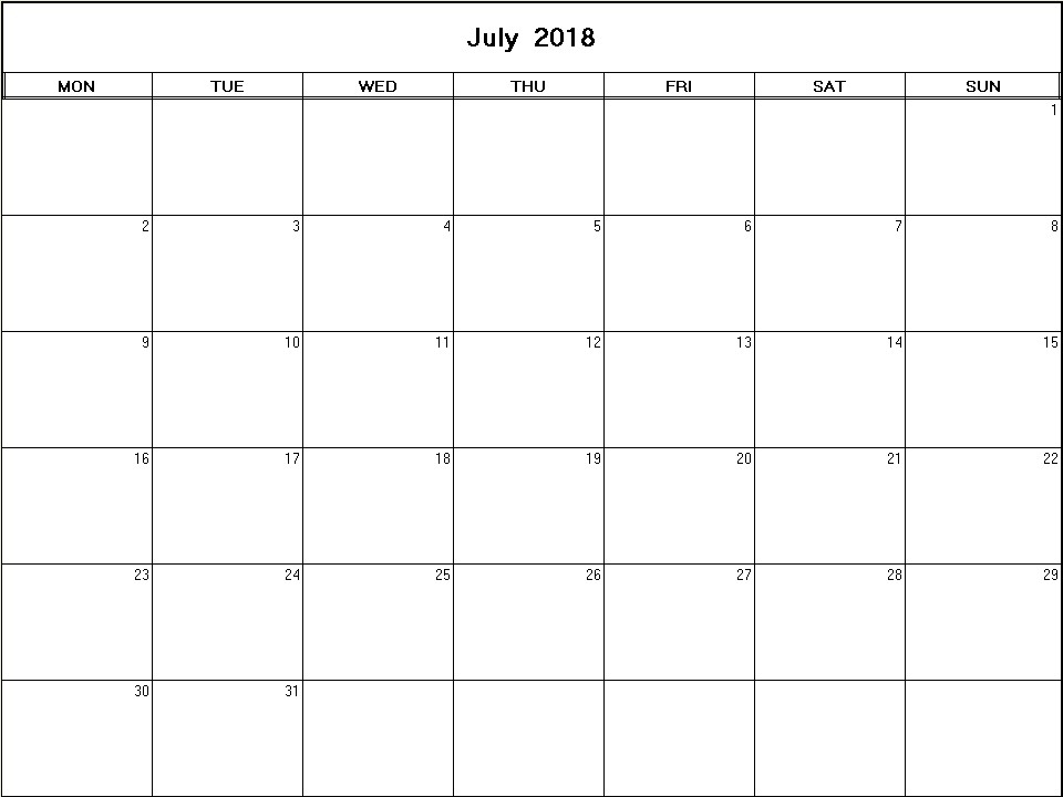 printable blank calendar image for July 2018
