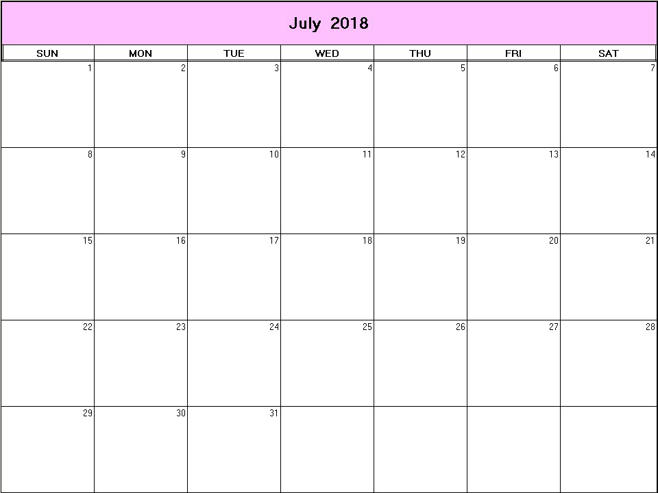 printable blank calendar image for July 2018