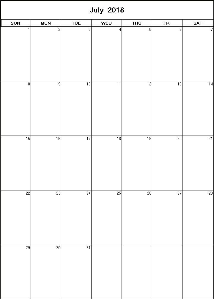 printable blank calendar image for July 2018
