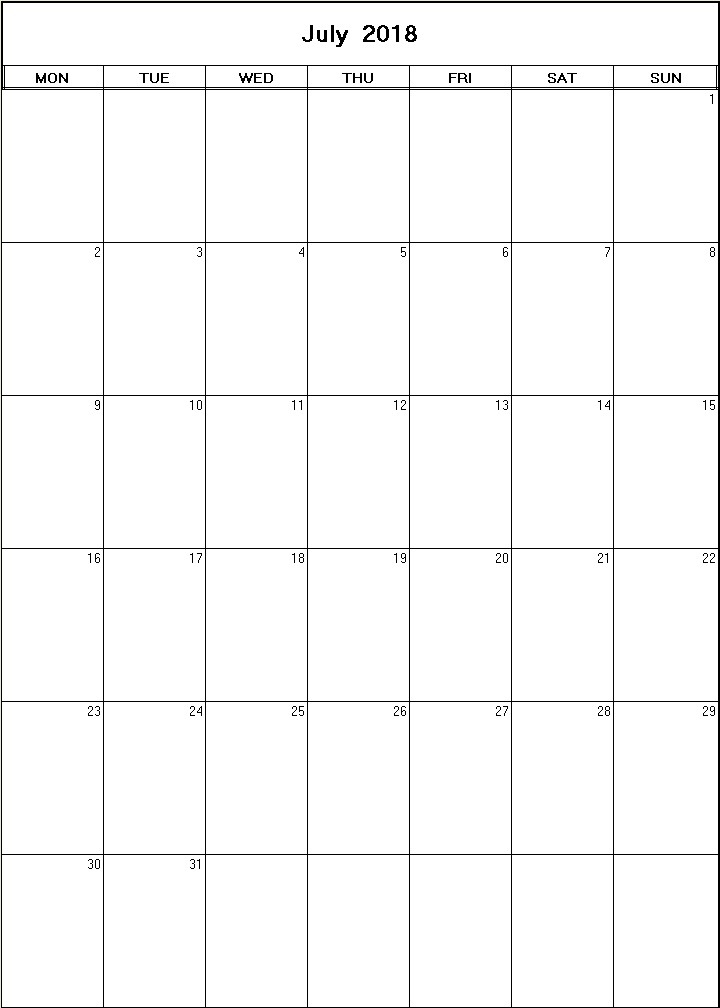 printable blank calendar image for July 2018