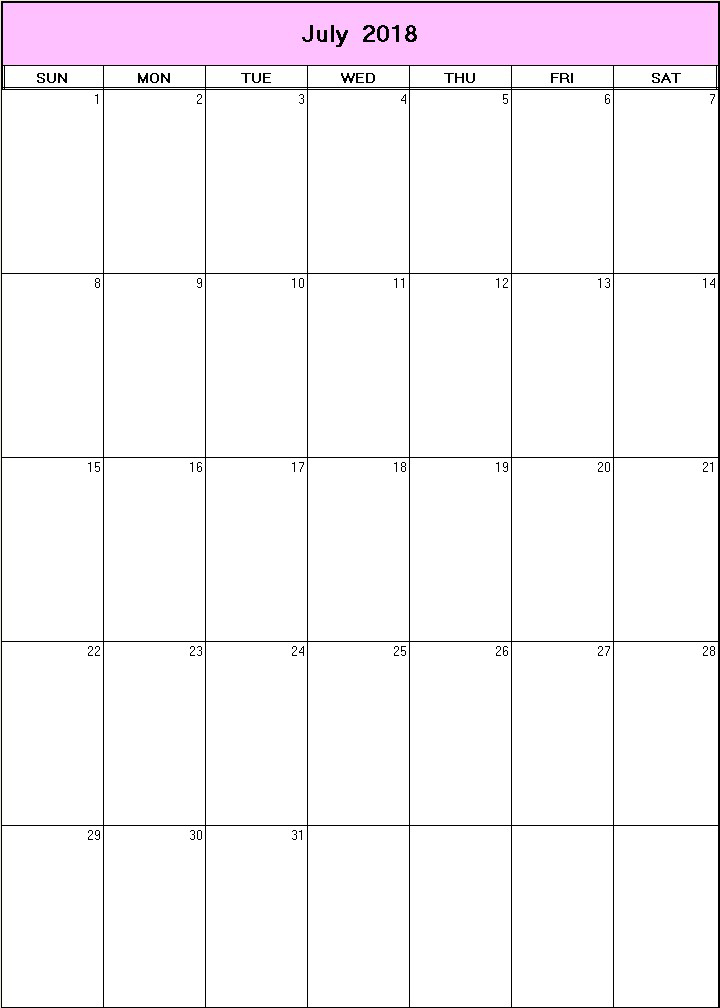 printable blank calendar image for July 2018