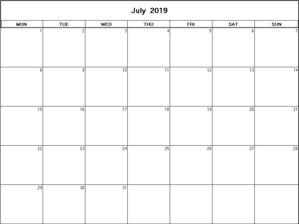printable blank calendar image for July 2019