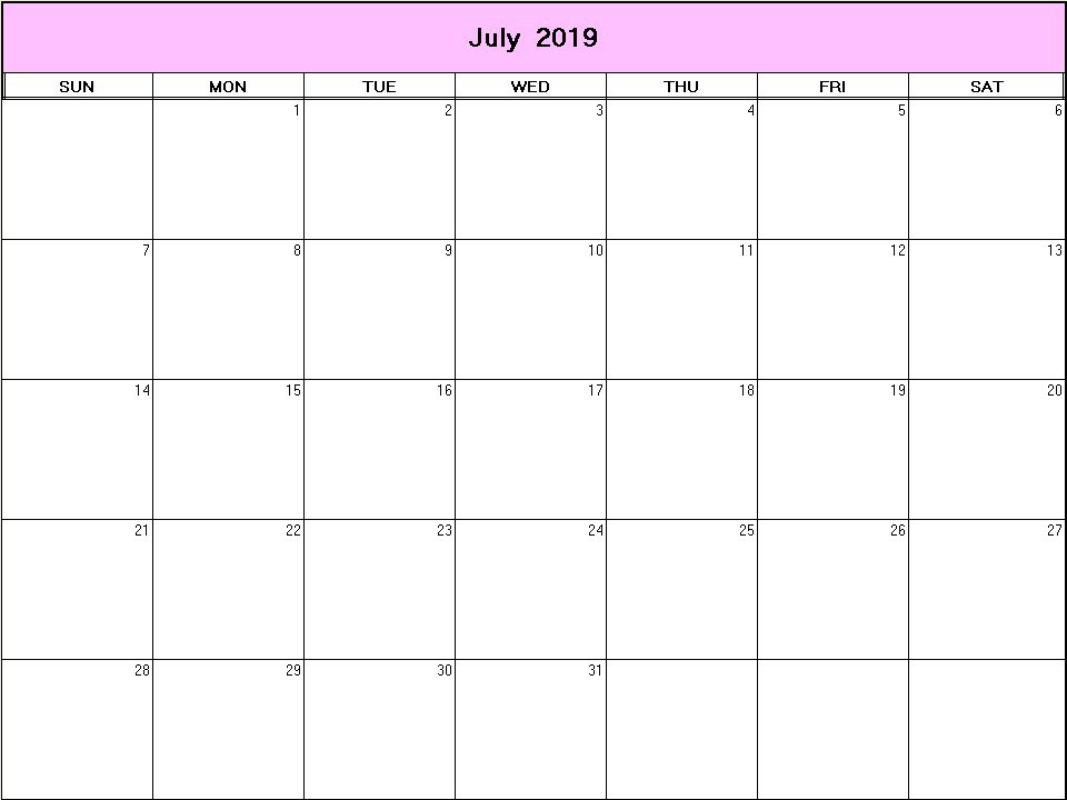 printable blank calendar image for July 2019