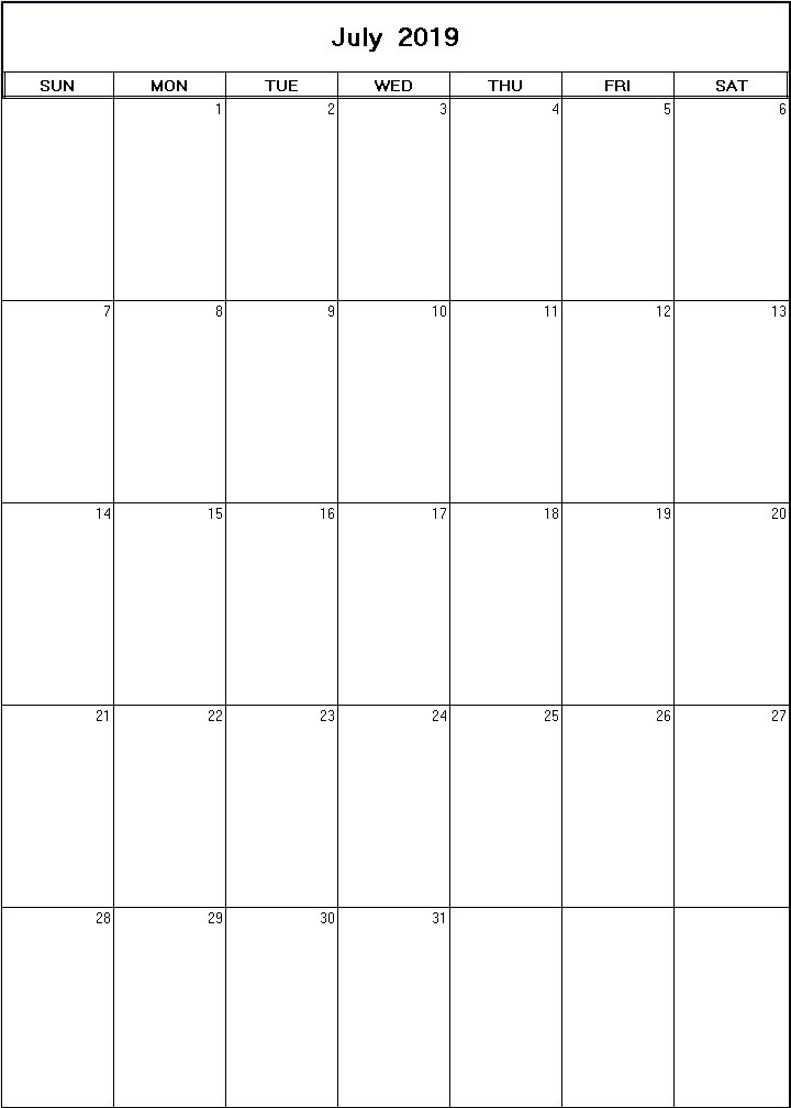 printable blank calendar image for July 2019