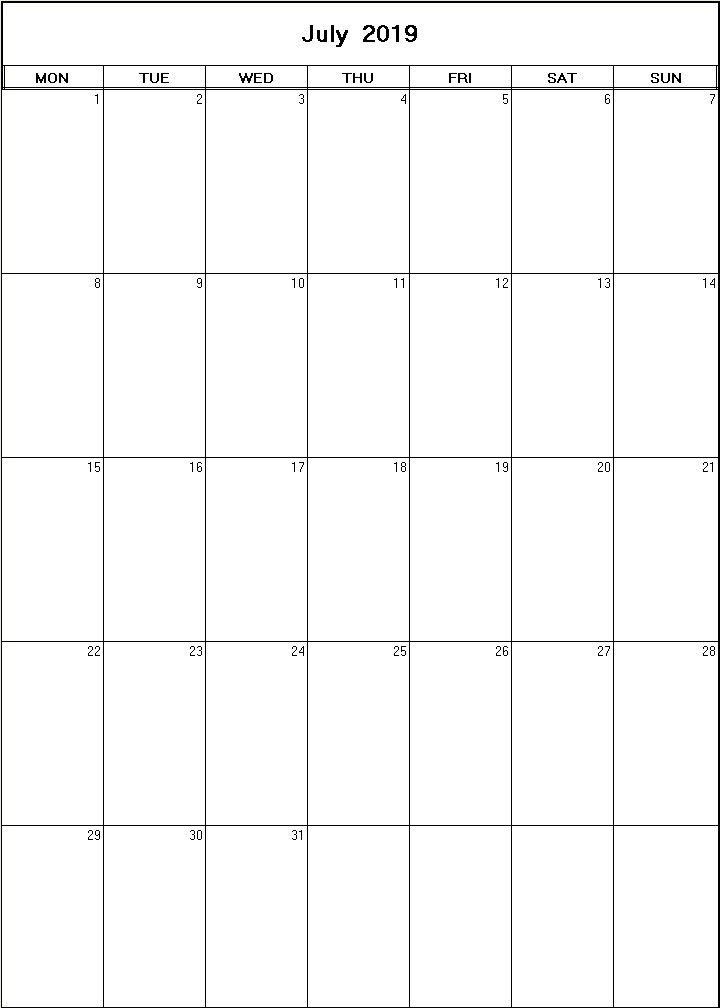 printable blank calendar image for July 2019
