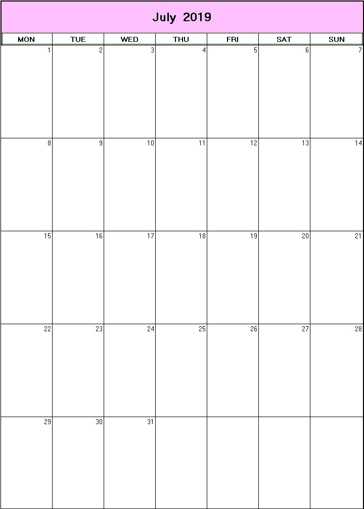 printable blank calendar image for July 2019