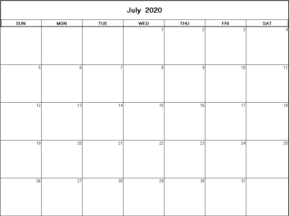 printable blank calendar image for July 2020
