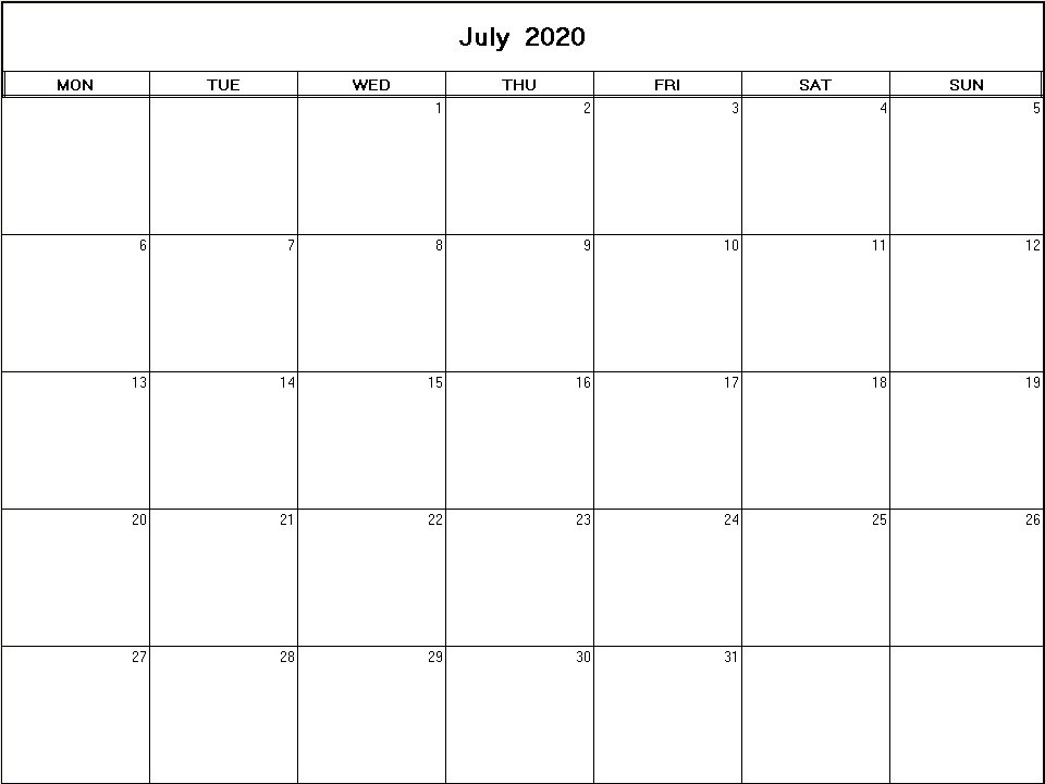 printable blank calendar image for July 2020