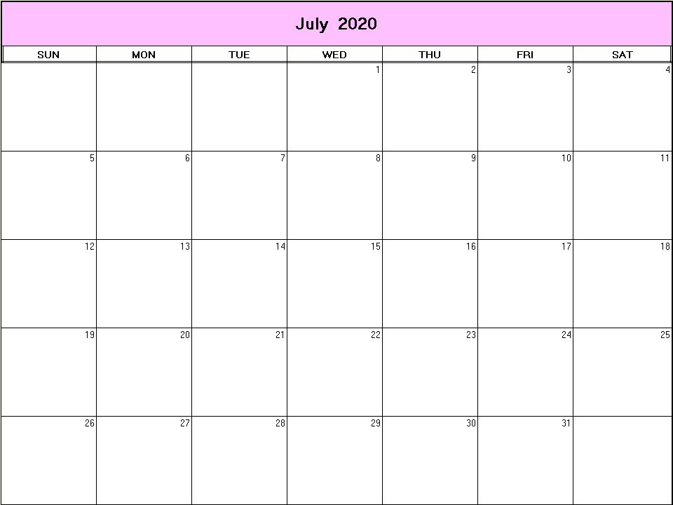 printable blank calendar image for July 2020