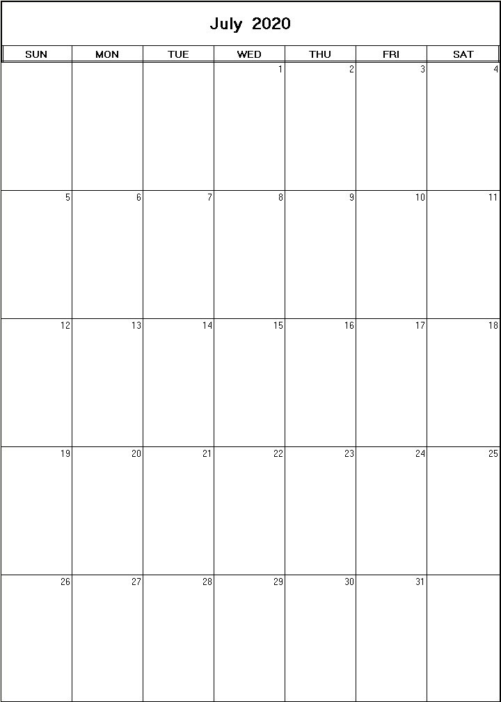 printable blank calendar image for July 2020