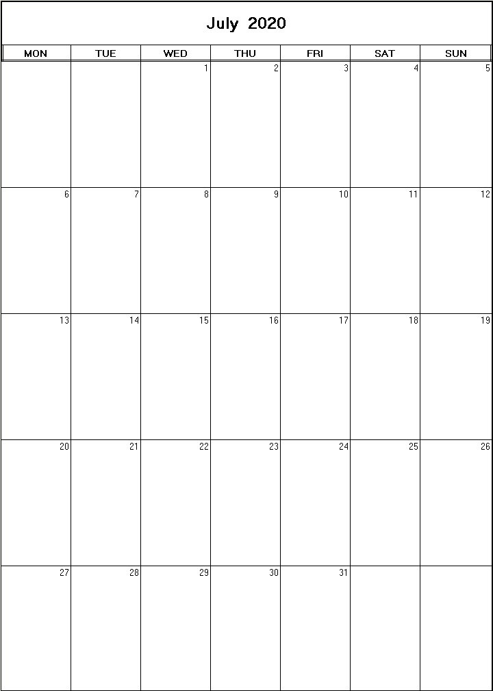 printable blank calendar image for July 2020