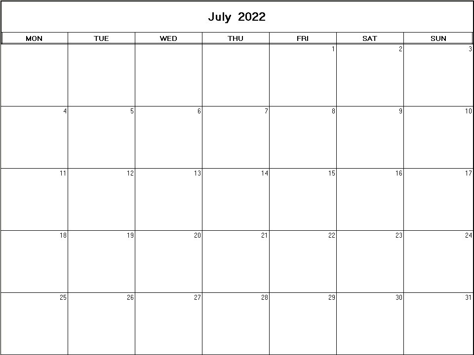 printable blank calendar image for July 2022