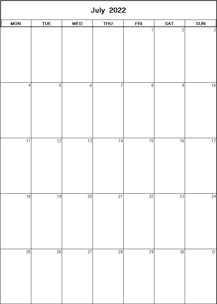 printable blank calendar image for July 2022