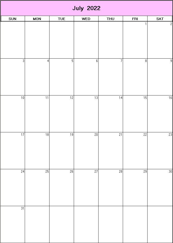 printable blank calendar image for July 2022