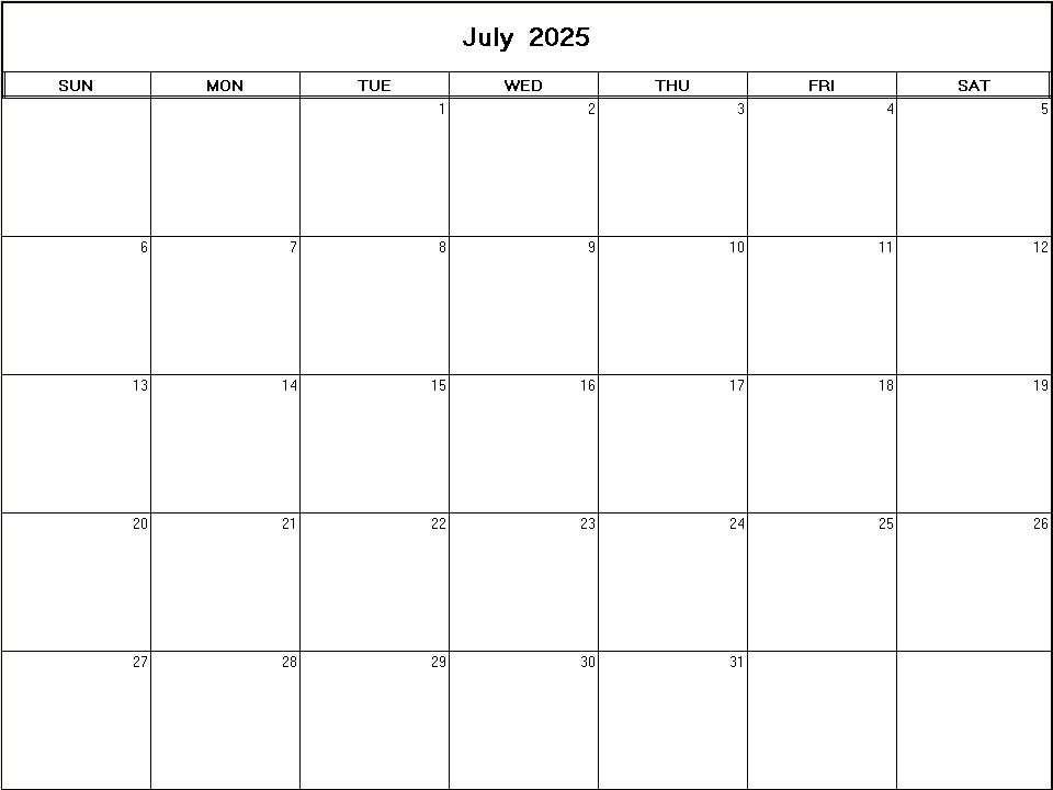 printable blank calendar image for July 2025