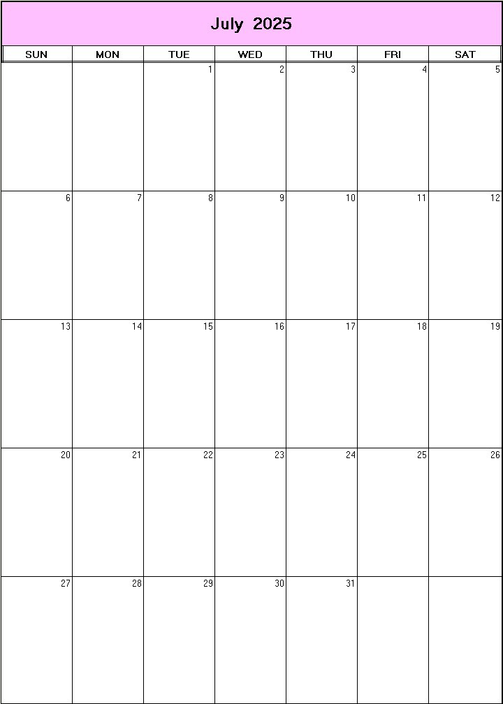 printable blank calendar image for July 2025
