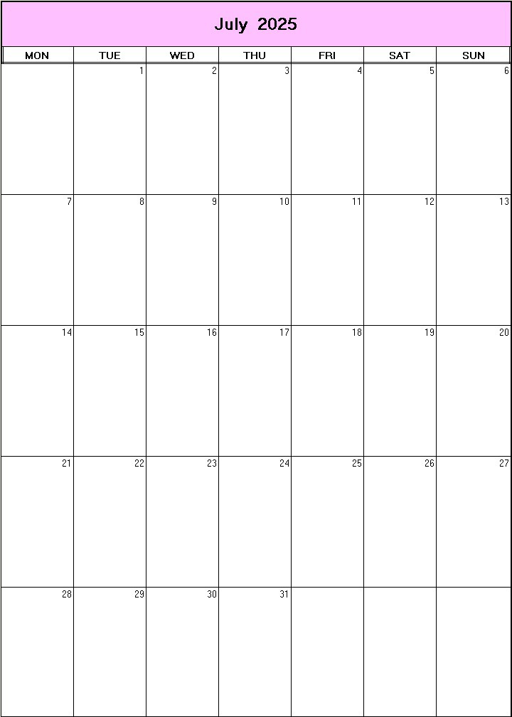 printable blank calendar image for July 2025